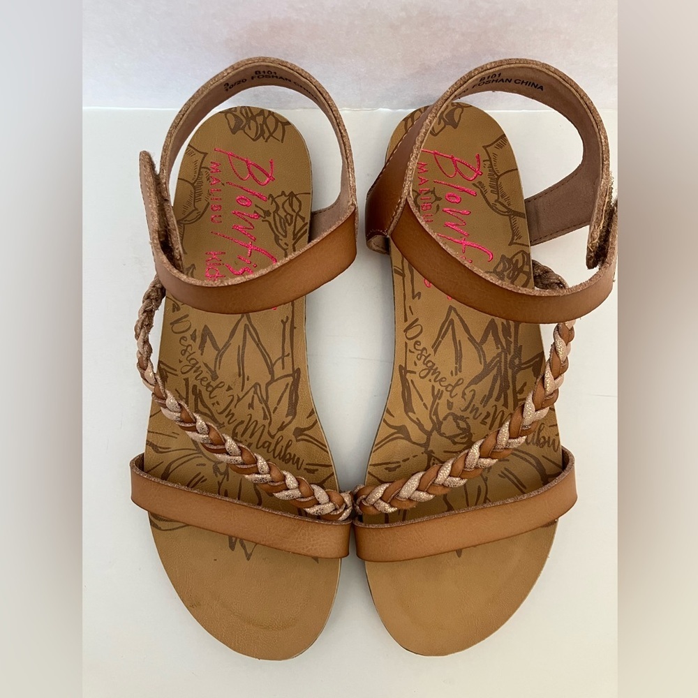 Blowfish Malibu Kids Girl’s Braided Flat Sandals, Size 3, Tan w Rose Gold Braid
